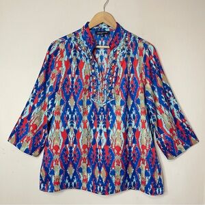 JONES NY Boho Chic 3/4-Sleeve Ikat Beaded Multicolor Top, Large